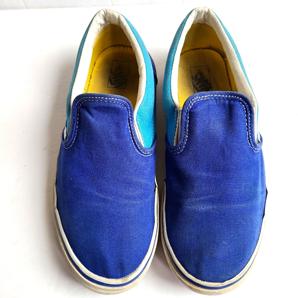 Vans 7 Blue Turquoise  white yellow logo slip on sneakers skater 80s Pac man
